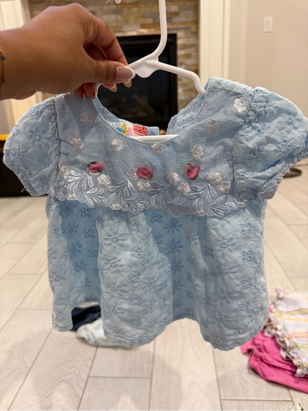 Light Blue Embroidered Girls' Top with Pink Floral Accents